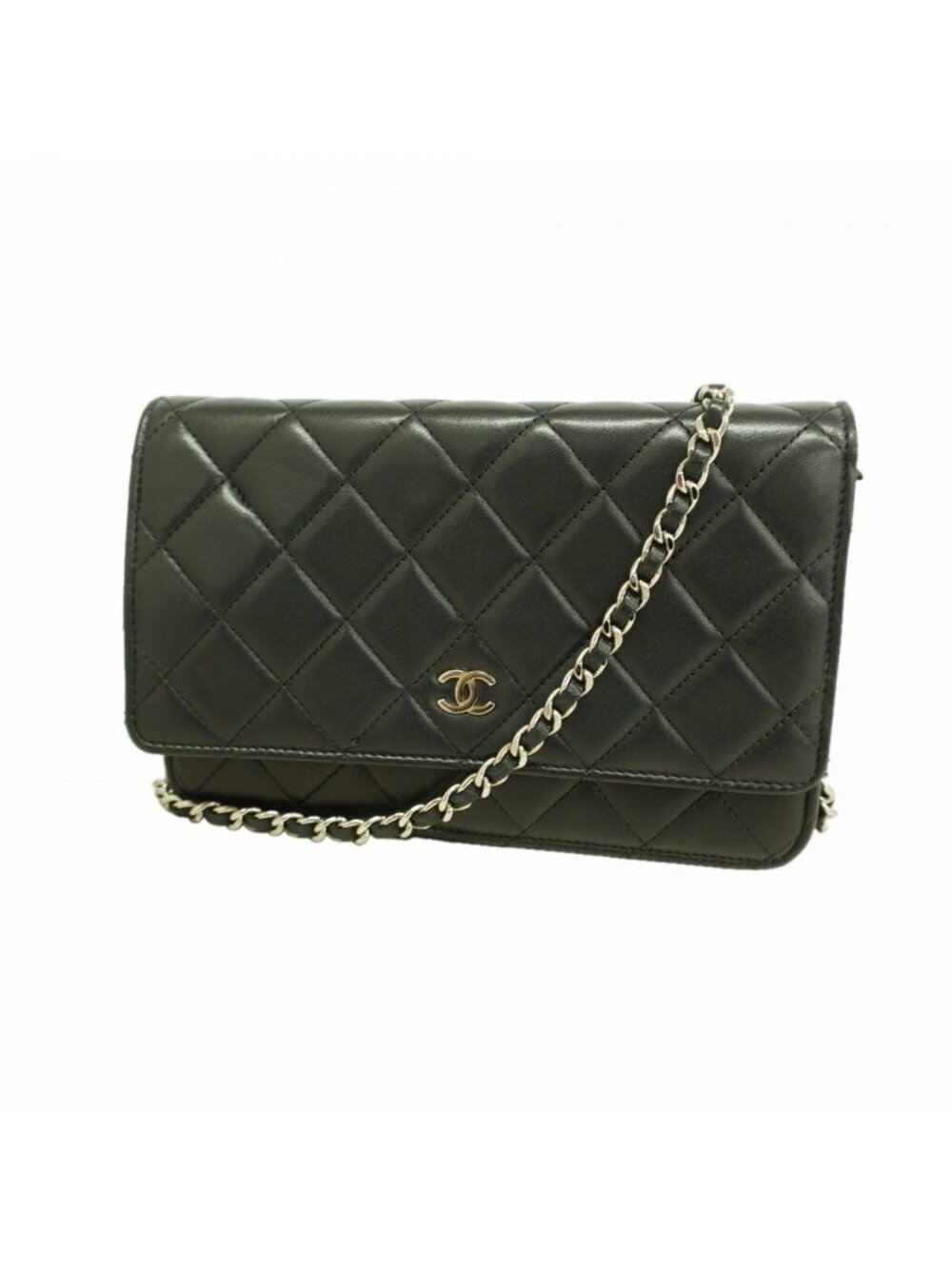 Chanel Shoulder Wallet Quilted Lambskin Black Silver